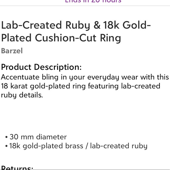 Lab created Ruby & 18k goldplated cushion cut NWT - Picture 11 of 11